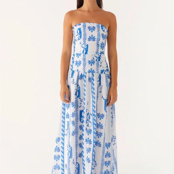Peppermayo Carmel White Strapless Maxi Dress with Blue Floral Print - Picture 1 of 4